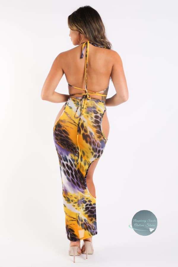 Mesh Sexy Bikini & Skirt Set Graphic Printed Cut Out Swimwear Yellow Matching Sets